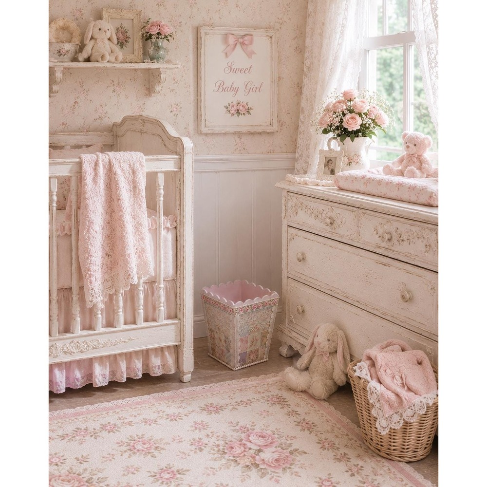 Rachel Ashwell Inspired Shabby Chic Rose Cottagecore Pink Patchwork Wastebasket - Picture 9 of 13